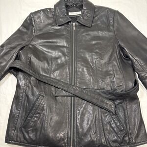 JACKET LEATHER BELTED Women 10 Black   FULL ZIP BELTED  PURSUITS LTD